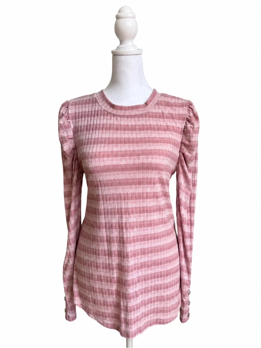 By Anthropologie Pink Striped Puff Sleeve Button Cuff Top Size S